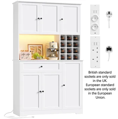 Produktbild von Küchenschrank - Hoher Küchenschrank/Sideboard - LED-Beleuchtung - Steckdose - Weinregal - Schublade und Stauraum - 100x39x180 cm - Weiß