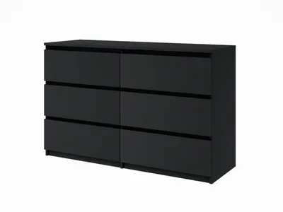 A black dresser with six drawers against a white background.