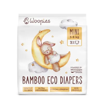 Imagen del producto de Woopies, pañales ecológicos para bebés, talla MINI (3-8 kg). Cuchara de madera, paquete de 36 unidades