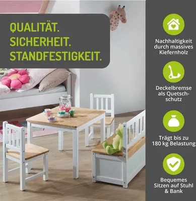 Produktbild von BOMI® Kindertischgruppe Anna mit integrierter Spielzeugkiste | Kindermöbel aus Kiefer Massiv Holz für Kleinkinder, Mädchen und Jungen Natur