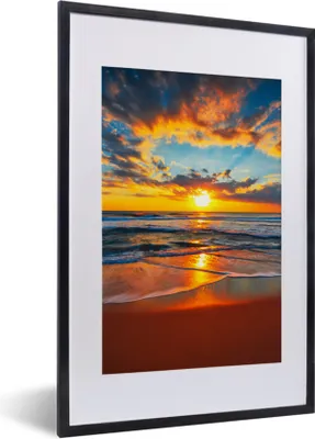 Produktbild von MuchoWow® Gerahmtes Poster Meer - Sonnenuntergang - Strand - Wolken - Orange 40x60 cm - Poster mit Schwarzem Bilderrahmen Wandposter Rahmen Foto Bilder - Poster in Rahmen