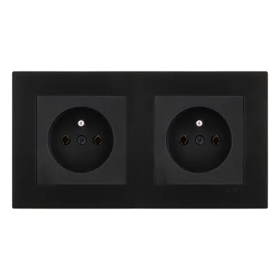 Image de 2 prises simples avec mise à la terre, noir + cadre noir métallisé EXEN