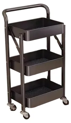Zdjęcie produktu dla Mobilny wózek kuchenny - 3-poziomowy, składany wózek serwowy - z kółkami - metalowa konstrukcja - stal nierdzewna - do kuchni, łazienki, biura, salonu