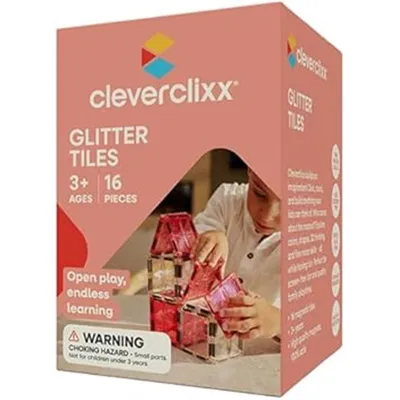 Produktbild von Cleverclixx Glitter Tiles Pack Transparent Rosa 16 Teile, magnetische Glitzer Bausteine, schadstofffreies Lernspielzeug, Magnetspielzeug, ab +3 Jahren