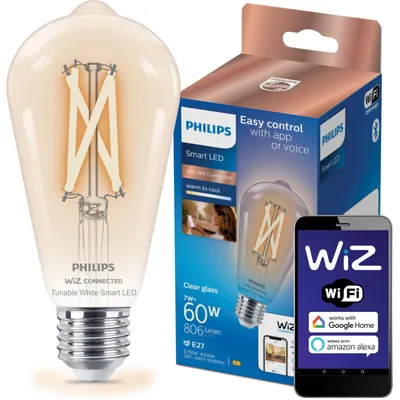 Zdjęcie produktu dla Philips Przezroczysta żarówka z widocznym spiralnym żarnikiem 7 W (odp. 60 W) ST64 E27, Wi-Fi/Bluetooth, Wi-Fi 4 (802.11n), 802.11b, 802.11g, LED, E27, ST64, 2700 K
