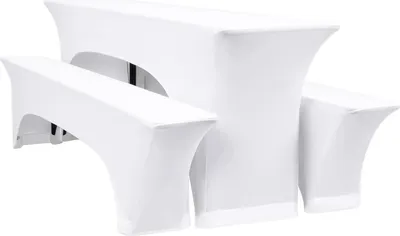 Obrázok produktu pre Elastická súprava poťahov na pivný stôl, biely poťah na pivnú lavicu a obrusy, 220x50x70cm, 3-balenie