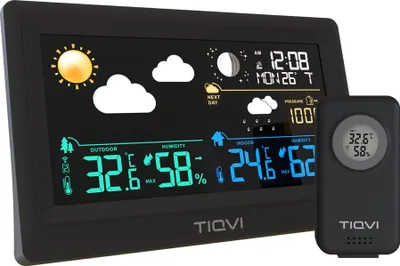 Produktbild von TIQVI - Wetterstation, Farbdisplay & drahtloser Außensensor, Temperatur & Luftfeuchtigkeit Innen/Außen, Wettervorhersage, Uhr, Kalender & Alarm