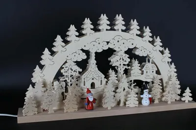 Produktbild von Schwibbogen mit Weihnachtsmann Schneemann Seiffener Kirche und Beleuchtung BxHxT 60x33x10cm NEU
