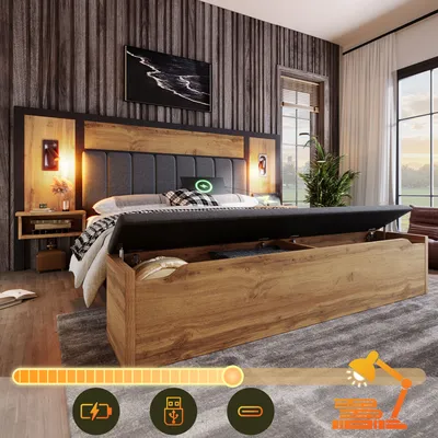 Produktbild von MODFU Doppelbett Holzbett 180×200cm mit Gepolstertes Kopfteil, Bettanlage mit Leselampe und USB C Nachttisch und Sitzbank mit Stauraum, Bettgestell mit Lattenrost, Eiche(Ohne Matratze)