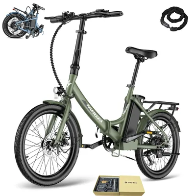 A green electric bicycle is displayed on a white background, with a smaller blue folded bicycle in the upper left corner and a black bicycle lock in the upper right corner.