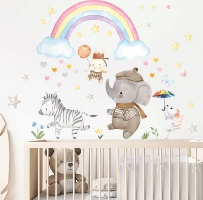 Produktbild von Wandtattoo Cartoon Tier Fantasie Regenbogen Wandaufkleber(Wolken,Herzen, Zebra, Elefant, Wandsticker, Wanddeko für Mädchenzimmer), kinderzimmer,