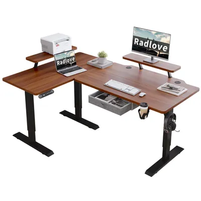 Image de Bureau Radlove 160cm réglable en hauteur électriquement, bureau d'angle, bureau debout en forme de L avec support d'écran et tiroir, acajou