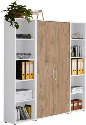 Produktbild von Aktenschrank TABOR 3 in weiß / Gold Harbor Oak, Schrankwand, Büroschrank, abschließbar, Metallgriffe
