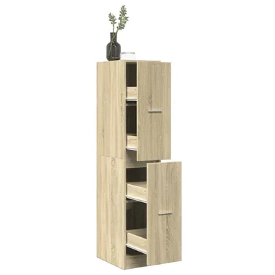 A tall, narrow wooden cabinet with two open drawers and two closed doors, decorated with a vase of greenery on top.