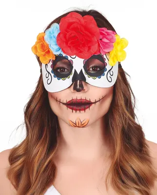 Imagen del producto de Máscara de Halloween con motivos mexicanos, flores, colores místicos, ideal para el Día de los Muertos, disfraz, decoración para fiestas, estilo festivo. Accesorio elegante, color: blanco