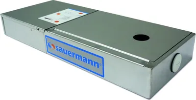 A rectangular, metallic device with a blue label on the front, set against a white background.
