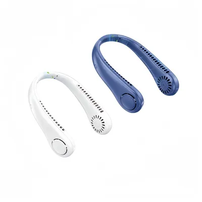 Produktbild von 2 Stück Tragbarer Nackenventilator, Halsventilator, Flexibles Silikon, 360° biegbar, Blattloser Ventilator, 3 Geschwindigkeit, Geräuscharm, Weiß+Blau