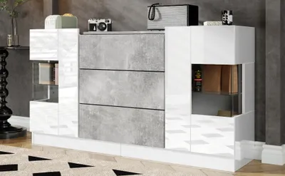 Produktbild von MODFU Sideboard Kommode mit 2 Türen und 3 Schubladen Beistellschrank Buffetschrank Hochglänzende weiße Fronten , LED-Beleuchtung mit 16 Farben, 140 x 35 x 75 cm