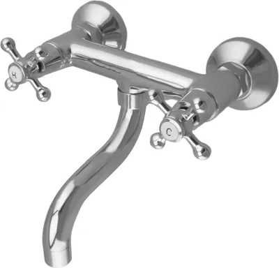 A chrome-plated wall-mounted faucet with two cross-shaped handles and a curved spout.