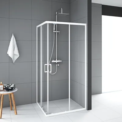 Produktbild von Duschkabine 90x90 cm – MARWELL Factory Eckdusche 200 cm Höhe – Glasdusche mit matt weißem Aluminiumrahmen & 6 mm ESG Sicherheitsglas, Schiebetür