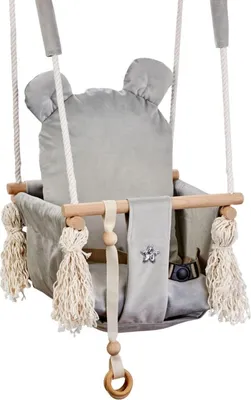 Produktbild von Love Gifts® Babyschaukel aus Holz hochwertig und geeignet als Indoor Schaukel, montierbar an der Decke sowie im Türrahmen, Bär-Grau, EU