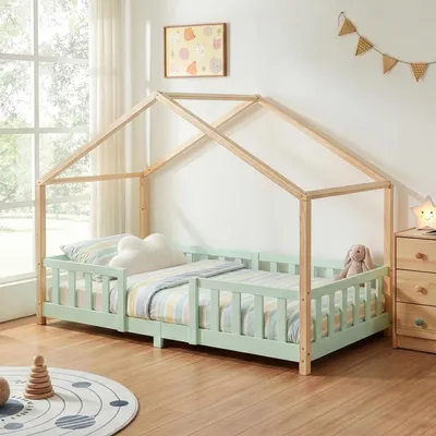 Produktbild von Kinderbett ’Treviolo‘ in Haus-Optik mit Rausfallschutz Kiefernholz 90 x 200 cm Mintgrün / Natur