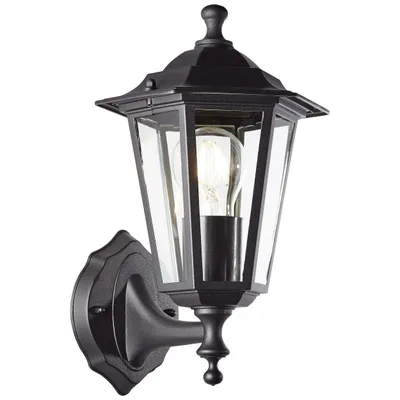 A black outdoor wall lantern with a glass enclosure and a visible light bulb.