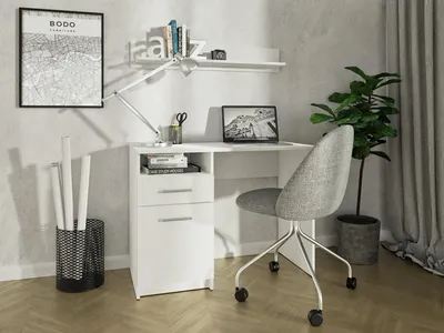 Produktbild von MATKAM Schreibtisch Bodo DSP H 75 x B 100 x T 50 cm, laminierte Möbelplatte, Schublade mit Metalllaufleiste auf Rollen, Ablage mit Tür (Weiß)