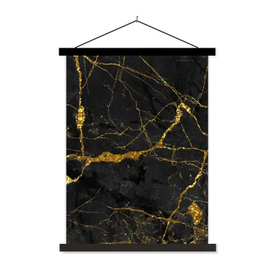 Produktbild von MuchoWow® Textilposter Marmor - Gold - Schwarz - Marmoroptik - Luxe - Glitzer 60x80 cm mit schwarzem Rahmen - Plakathalter