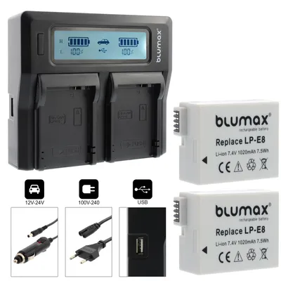 Produktbild von 2x Akku + Lader für Canon LP-E8 EOS 550D 650D 700D Rebel T3i 1020 mAh (3,6V)