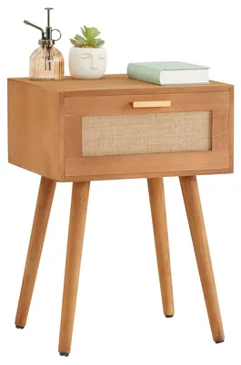 Produktbild von Nachttisch KIRAN in braun, Nachtschrank mit 1 Schublade, Nachtkommode im Boho Style und Jute Geflecht, Beistelltisch aus Paulownia Holz