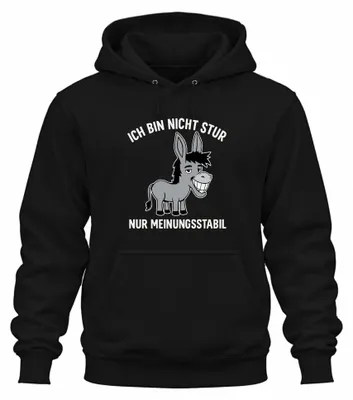 Productafbeelding van Ik ben niet koppig, ik ben gewoon standvastig in mijn mening. Grappige spreuk. Humoristische uni hoodie, zwart, maat M