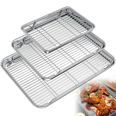 Produktbild von Backblech mit Gitter-Set (3 Pfannen + 3 Gestelle), Edelstahl-Backform mit Kühlgitter, ungiftig, strapazierfähig und leicht zu reinigen