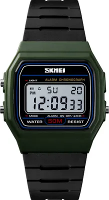 A digital watch with a green casing and black strap.