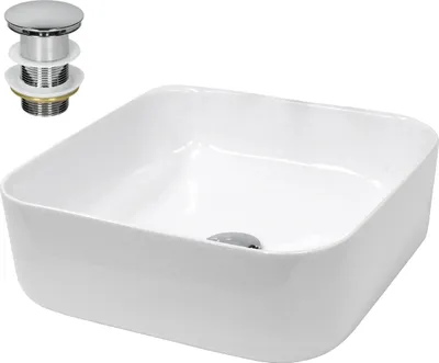 Produktbild von LuxeBath Waschbecken Aufsatzwaschbecken Eckig, 39x39x14 cm, Weiß, aus Keramik, inkl. Ablaufgarnitur ohne Überlauf