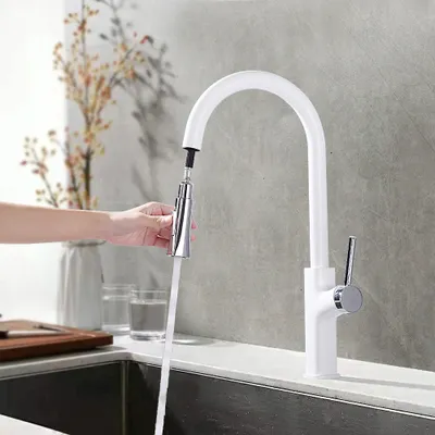 Produktbild von Wasserhahn Küche mit Brause,Küchenarmaturen Weiß 2 Strahlarten,Mischbatterie Küche 360°Schwenkbar,Küchenarmatur mit Höhe Bogenauslauf，Armatur Küche