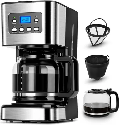 A coffee maker with its accessories displayed on a white background.