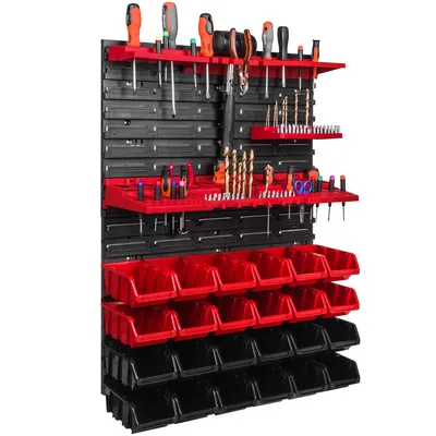 Image de Panneau d'outils mural 58x78 cm avec 24 pcs. Boîtes de suspension avec jeu de supports en plastique
