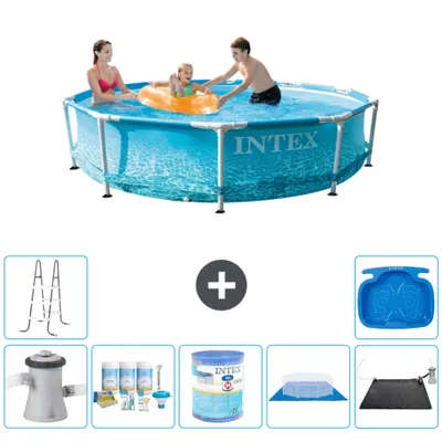 Produktbild von Intex Rundrahmen-Schwimmbecken – 305 x 76 cm – Wasserdruck – inklusive Pumpe Wartungspaket - Filter - Bodenplane - Solarmatte - Leiter - Fußbad
