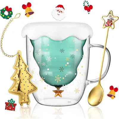 Produktbild von Doppelwandige Latte Macchiato Gläser 270ml mit Weihnachtsbaum Motiv, inkl. Löffel & Teesieb