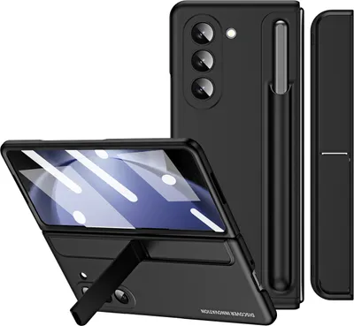 A black phone case with a stylus holder and a kickstand is displayed in a studio setting.