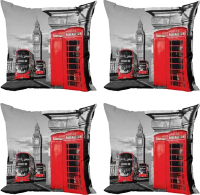Produktbild von ABAKUHAUS London Kissenbezug Set (4 Stück), London Retro Telefonzelle, Moderner Doppelseitiger Digitaldruck, 60 cm x 60 cm, rot Grau