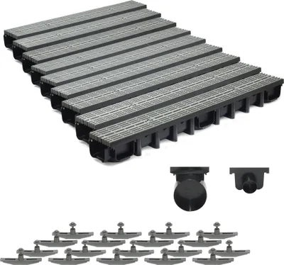 Produktbild von 9m Entwässerungsrinne für modulares System A15 98mm, komplett Stegrost Kunststoff, Grau Line