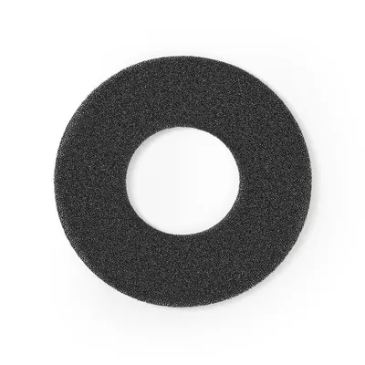 A black circular filter with a hole in the center, placed on a white background.