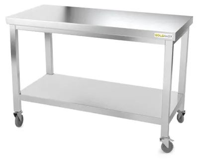 Produktbild von Arbeitstisch aus Edelstahl, 1400 x 600 mm, auf Rollen,  - GOLDINOX