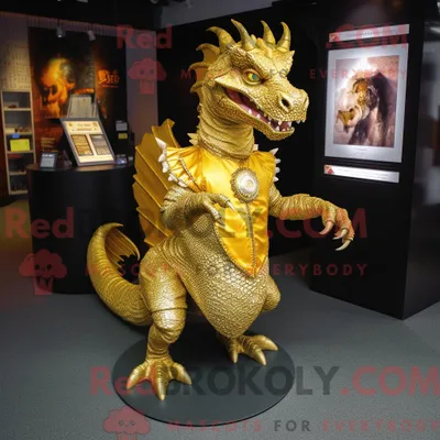 Produktbild von Maskottchenfigur REDBROKOLY eines goldenen Drachen mit Rock und Manschettenknöpfen