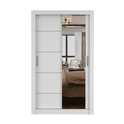 Produktbild von Schwebetürenschrank LION, Schlafzimmer, Kleiderschrank Schrank 120 cm Weiß/Weiß mit Spiegel, alufarbene PVC-Griffe