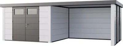 Produktbild von Telluria Metallgerätehaus Classico 3330 mit Lounge Anbau (ca. 450 cm Breite) inkl. 2 Fenstern weiß/weiß Lounge-Anbau rechts