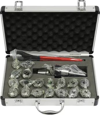 Produktbild von Fräsmaschinen Spannzangen Satz, 19 Teile, ER32 Spannzangentyp, Präzision 0,015 mm, Gesamte Spannzange Größe 121 mm x 50 mm, Robuste Stahl- und Aluminiumkonstruktion