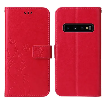 Produktbild von Handyhülle für Samsung Galaxy S10 Floral Blumen Schmetterling Flip Cover Hülle Case Klapphülle Handytasche Farbe: Rot